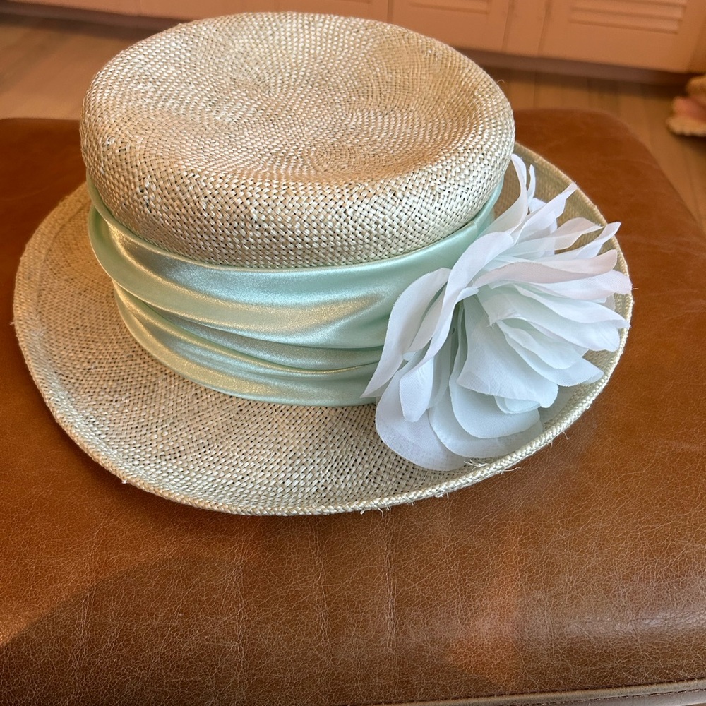 Straw Boater Hat with Mint Band and White Flower Scala Brand